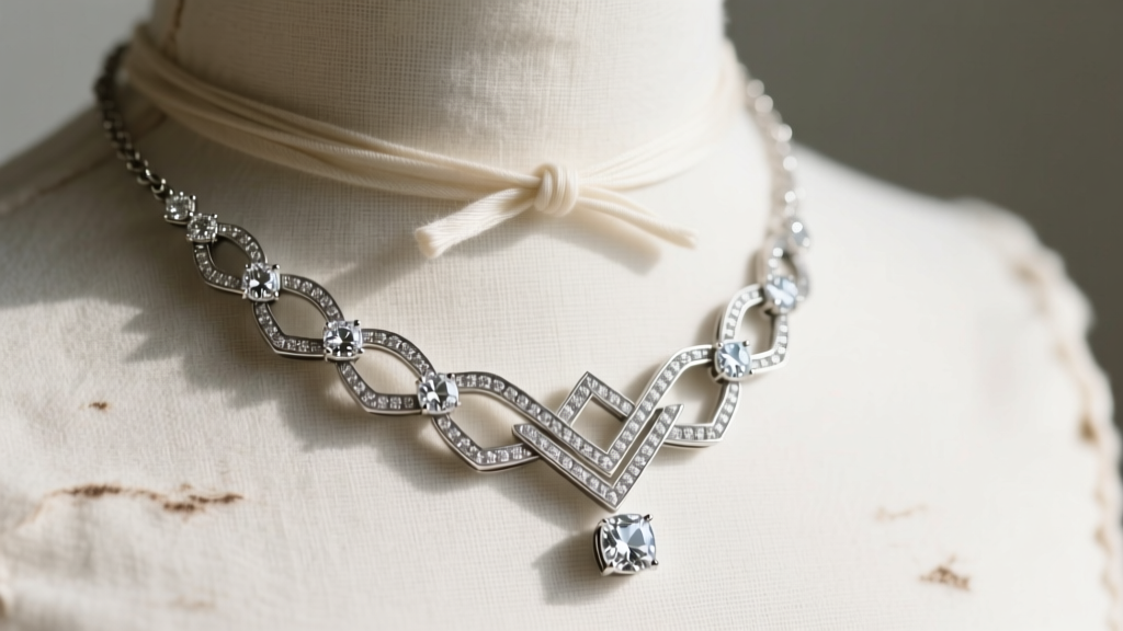 Close-up of an Art Deco platinum diamond lariat necklace secured with polyester ties on an angled unbleached cotton archival bust.