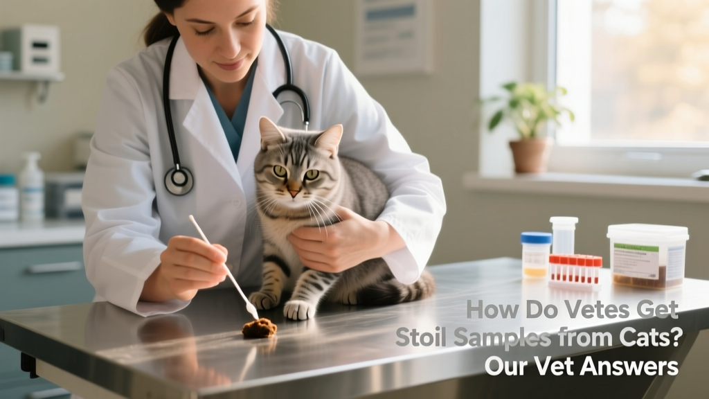 A veterinarian gently holding a calm cat on an exam table while preparing to collect a stool sample