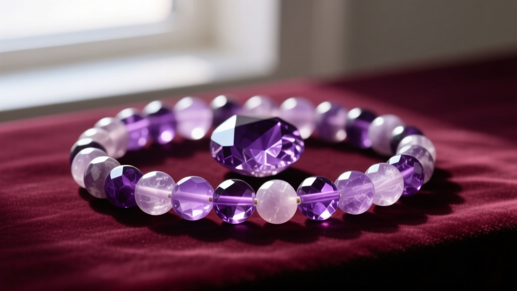 Polished amethyst and sugilite beads on velvet, showing the contrast between translucent purple and opaque violet patterns.