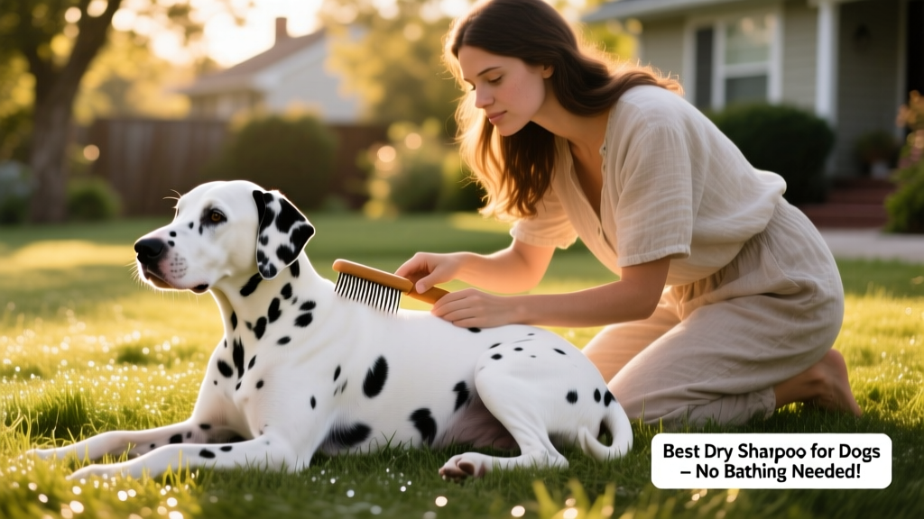 A Dalmatian resting comfortably in sunlit grass while their owner gently brushes their coat, highlighting clean, gleaming fur