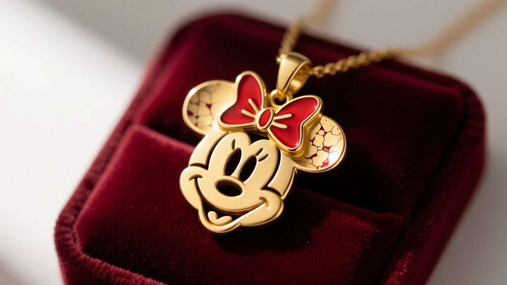 Close-up of a vintage gold-plated Minnie Mouse silhouette pendant with chipped red enamel resting on a soft velvet jewelry pad.