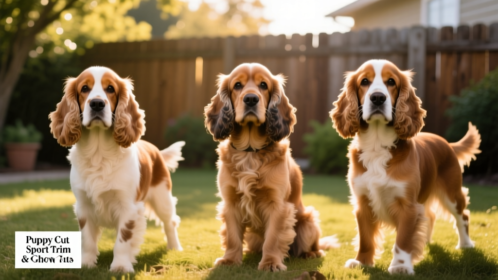 Side-by-side comparison of three popular Cocker Spaniel haircuts: puppy cut, sport trim, and show cut