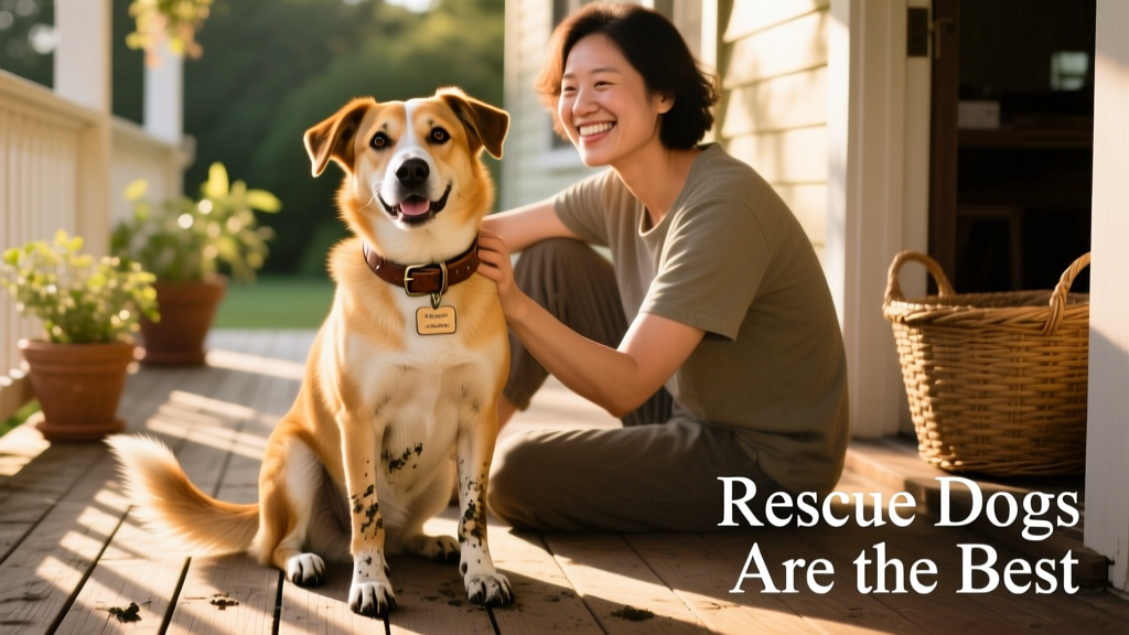 A joyful, medium-sized mixed-breed dog sitting beside a smiling person on a sunlit porch