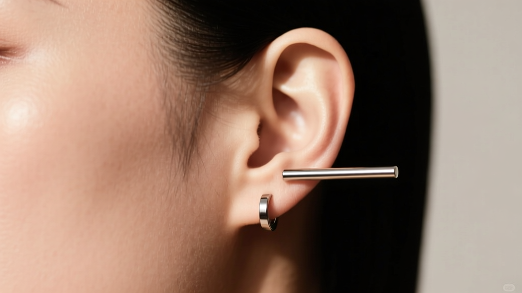 Side profile showing the exact angle alignment of an industrial bar earring piercing matching the ear's natural helix ridge.