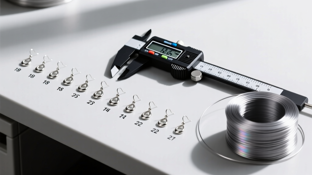 Overhead flat lay of drop earring wire gauges from 18 to 22, alongside digital calipers and raw niobium wire on a workbench