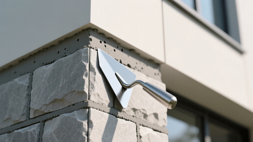 Close-up of manufactured stone veneer L-shaped corners installed on an exterior wall with fresh gray mortar joints and a masonry trowel