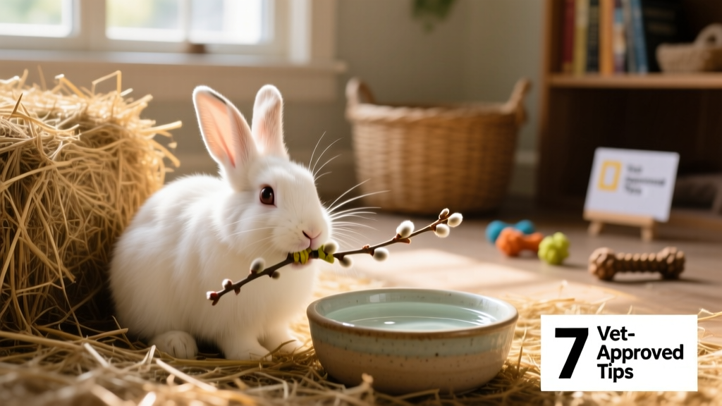Rabbit chewing on a willow toy beside a hay pile and water bowl
