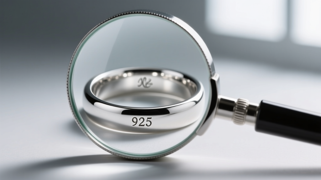 Macro shot of a loupe inspecting a silver ring band, showing a crisp 925 stamp and maker's mark under warm studio lighting.