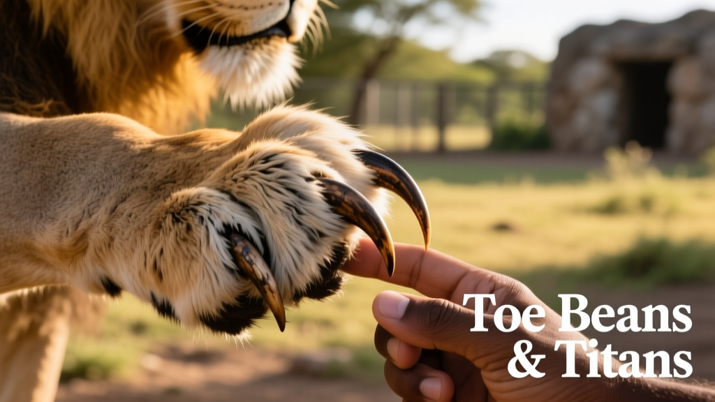 Close-up of a lion's extended claw resting gently against a human finger