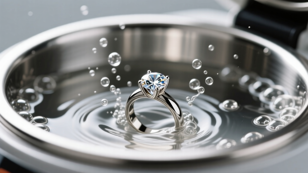 Close-up of a stainless steel ultrasonic cleaner vibrating with tiny cavitation bubbles around a submerged diamond solitaire ring.