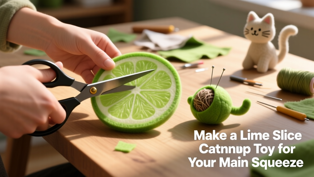 Close-up of hands cutting lime-green felt with scissors