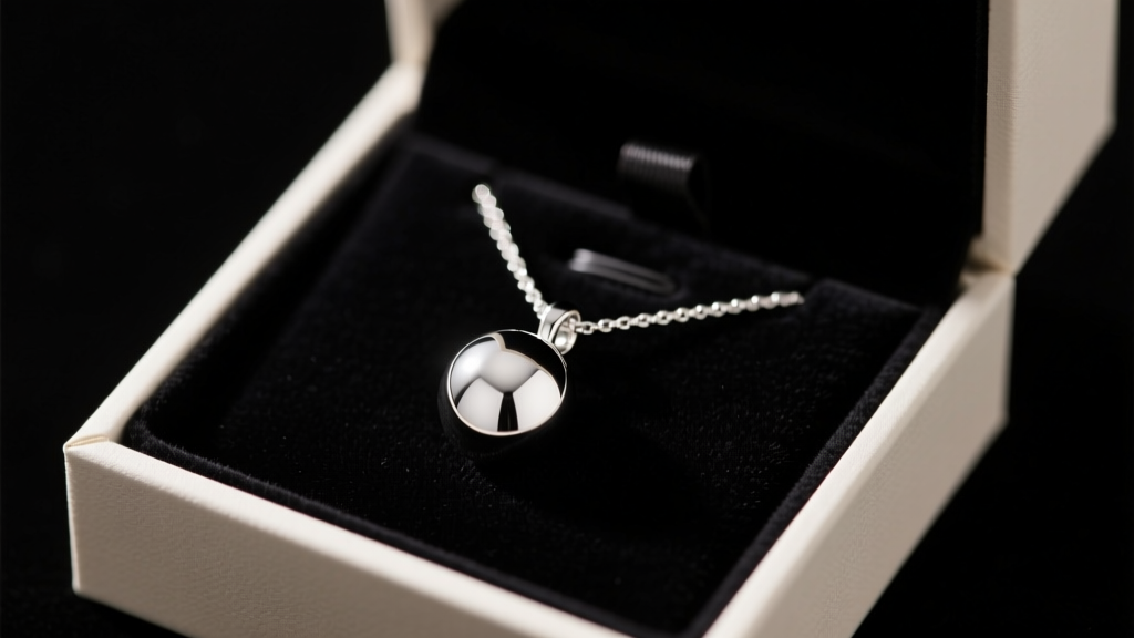 Open gift box revealing a rhodium-plated sterling silver orb pendant necklace on black velvet under soft, warm studio lighting