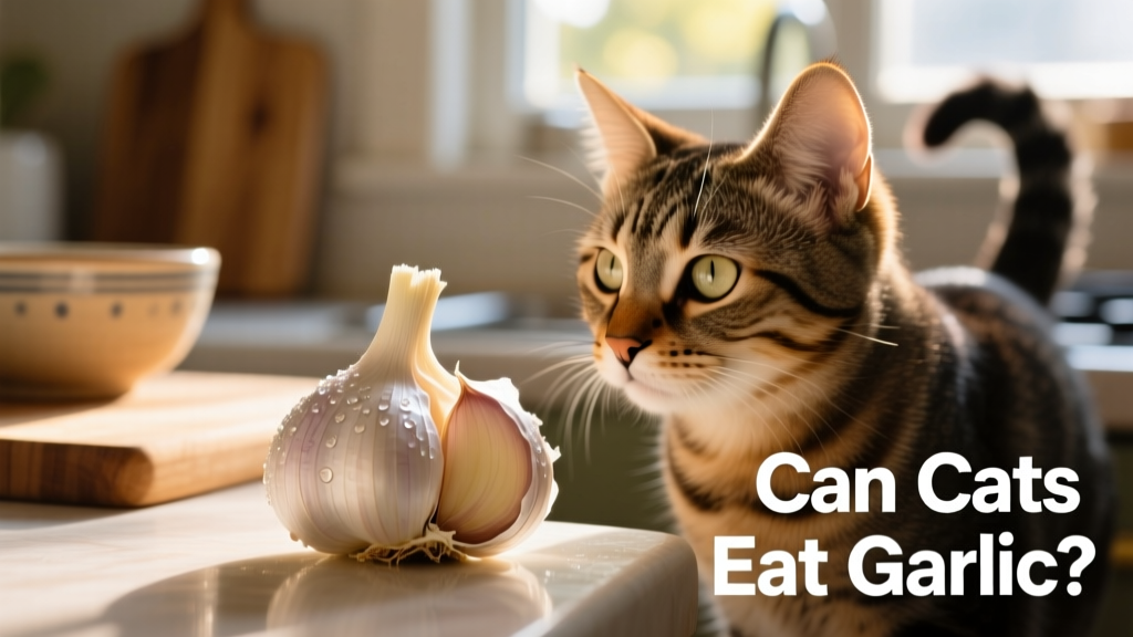 Close-up of a fresh garlic clove next to a curious cat looking away—illustrating the danger of proximity