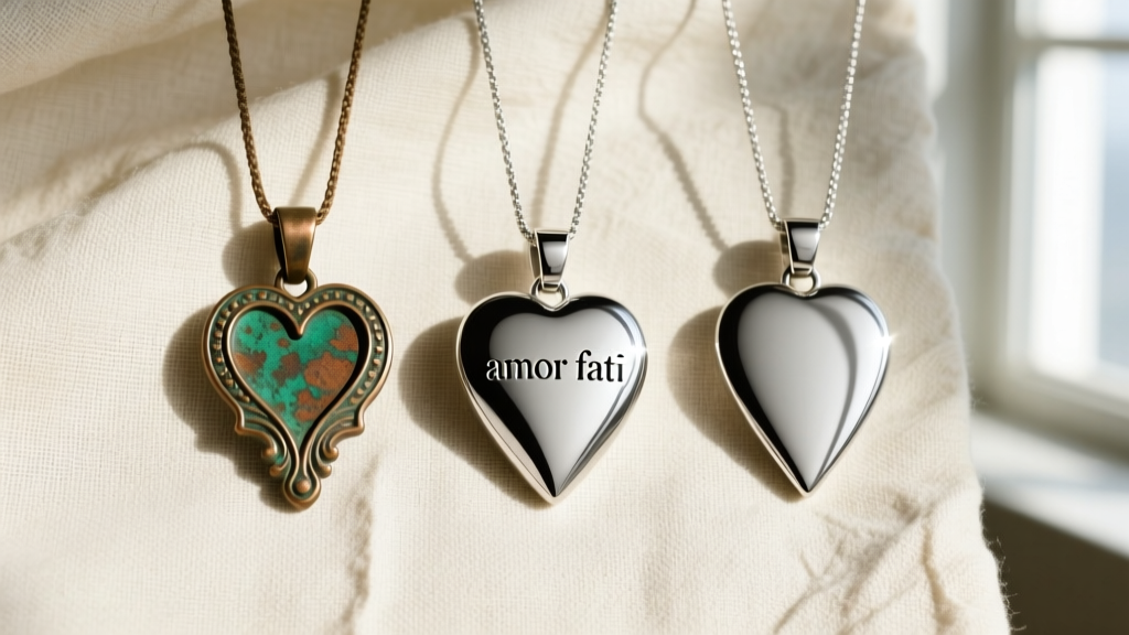 Three amor fati pendants side-by-side: patina bronze, rhodium-plated sterling silver, and polished 316L steel on natural linen.