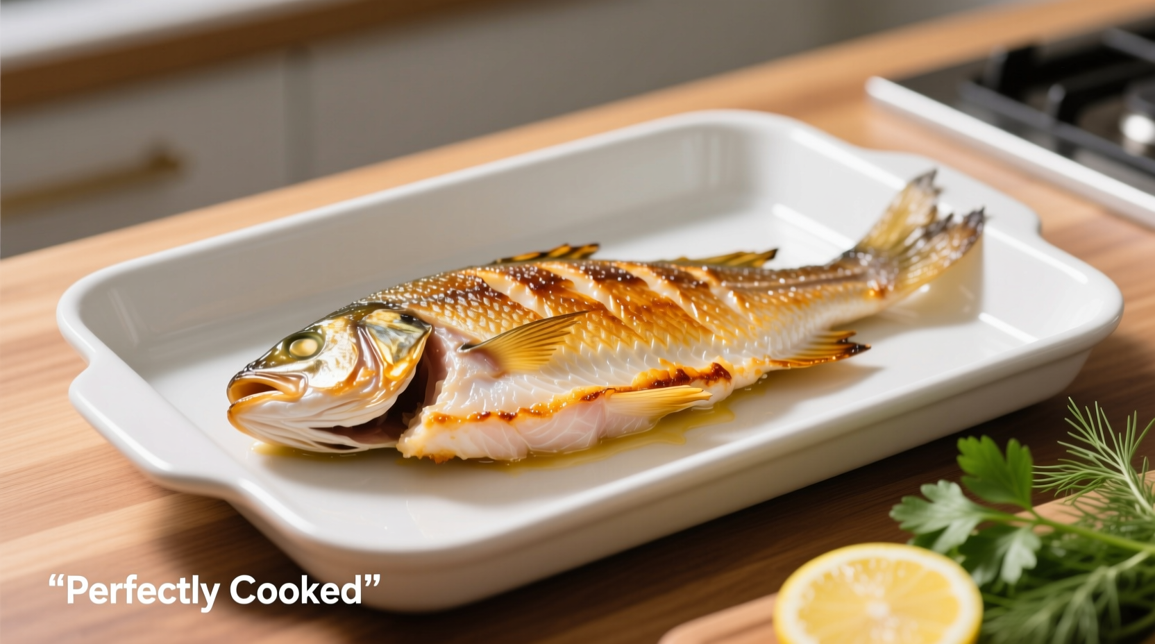 Perfectly cooked tilapia fillet on baking sheet