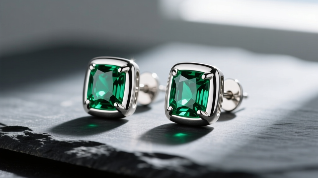 Close-up of bezel-set emerald and silver stud earrings on dark slate, showing deep green inclusions and polished metal.
