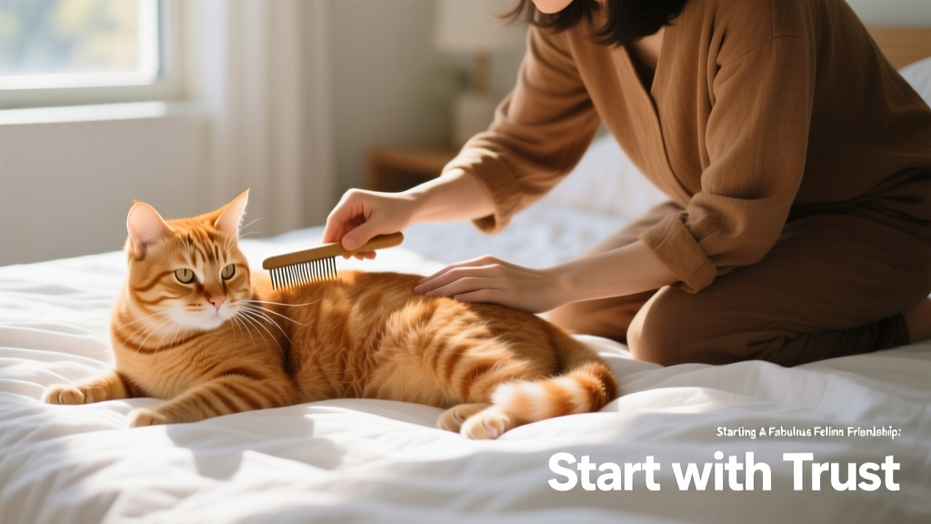 a ginger cat lying on a white duvet next to a person kneeling beside them and gently brushing their fur