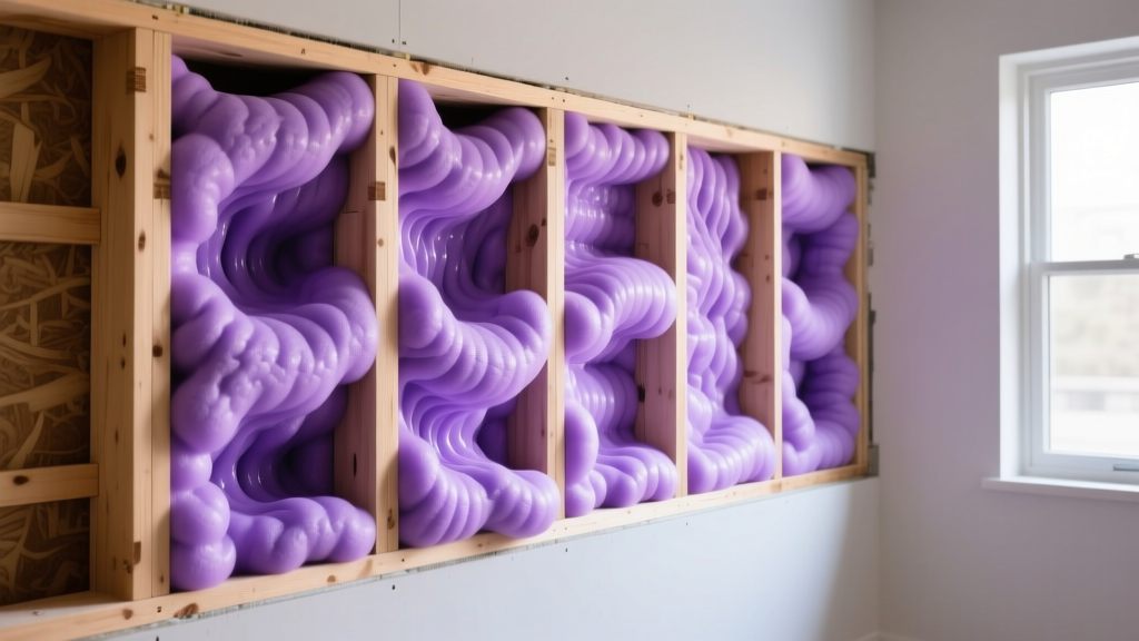 Cross-section of a modern wall cavity displaying purple closed-cell spray foam expanding between wooden studs in a residential frame