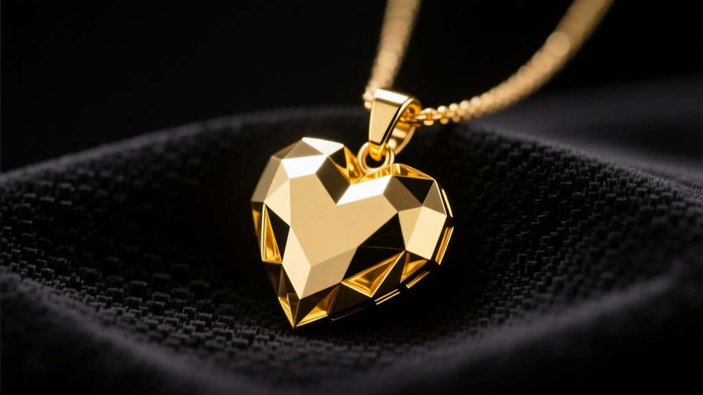 A 14k yellow gold heart pendant on black velvet, reflecting soft studio light with sharp, voxel-inspired geometric edges.