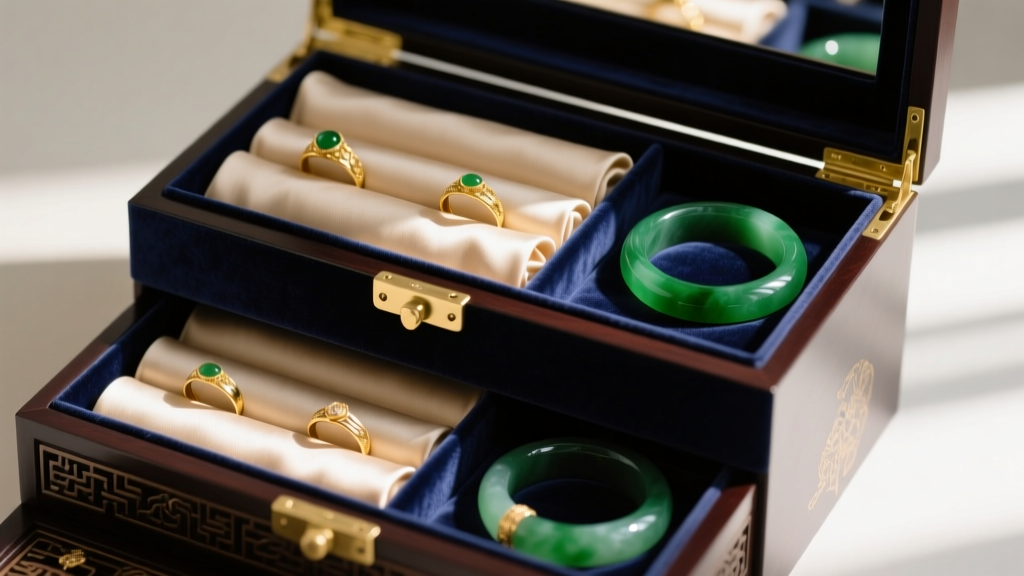 Interior of a multi-tiered asian jewelry box with acid-free beige silk ring rolls and deep velvet-lined sections for jade bangles.