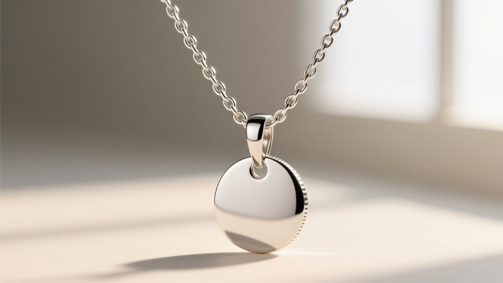 Macro photography of a 1.2mm sterling silver box chain threading through the bail of a polished circular coin pendant necklace