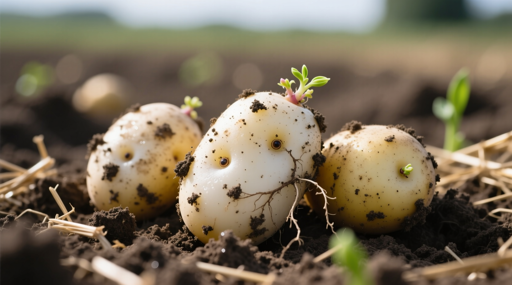 Fresh new potatoes with soil still clinging to skins