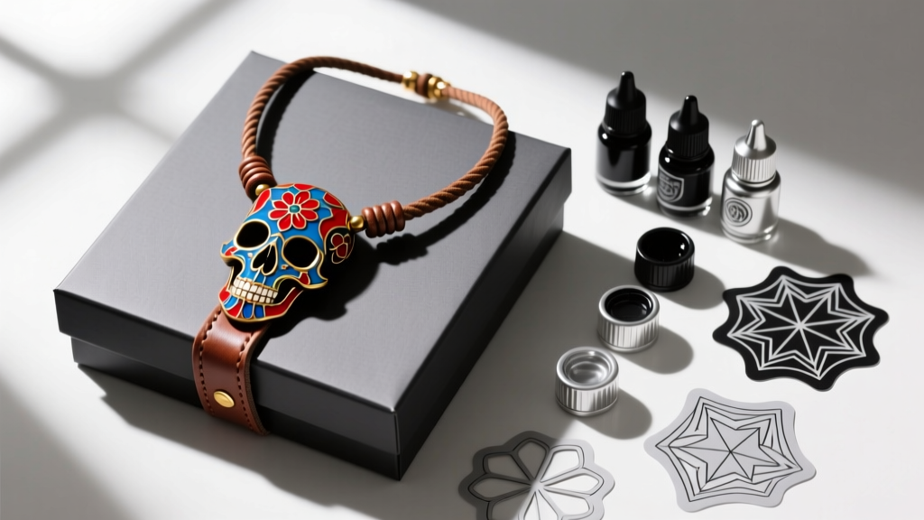 Flat lay gift box with a leather cord skull necklace featuring neo-traditional enamel detailing beside tattoo ink caps and stencils