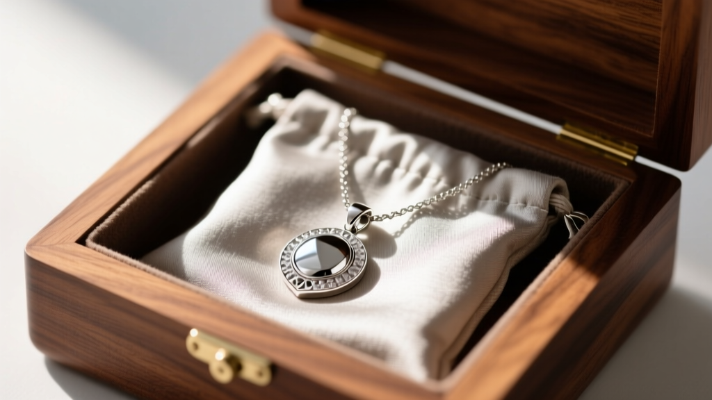 Anti-tarnish cloth pouch inside a cedar jewelry box, with a freshly polished silver pendant necklace partially visible inside