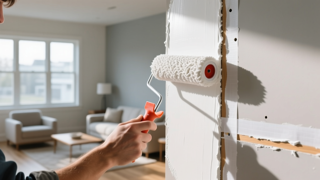 Painter applying thick white PVA gypsum board primer with a nap roller over taped drywall joints in a sunlit residential living room