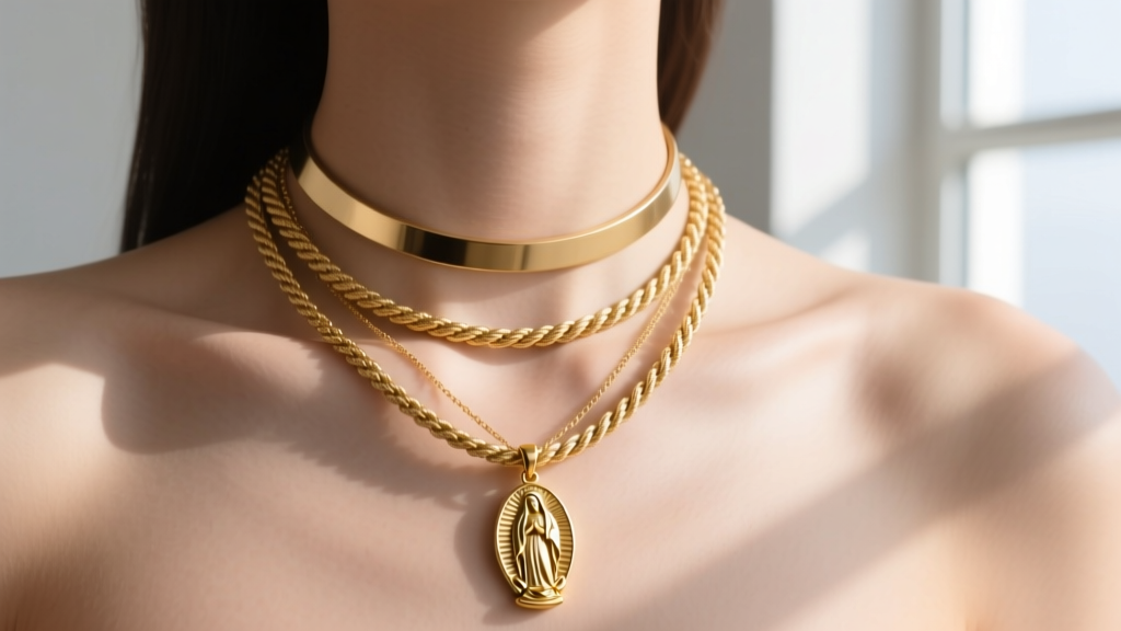 Layered 16-inch gold virgin mary pendant, 14-inch plain choker, and 18-inch rope chain resting elegantly on a bare collarbone.