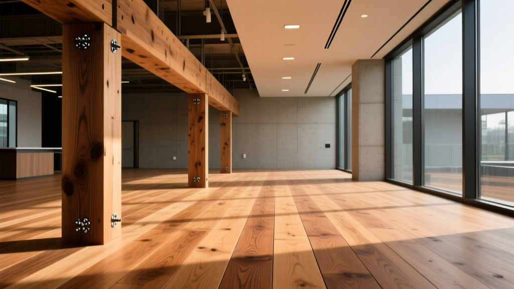 Heavy tongue-and-groove structural timber floorboards secured to exposed wood joists with lag screws in a commercial building.