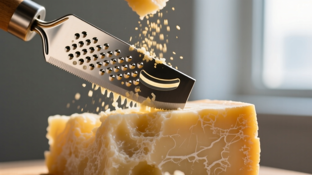 Macro shot of Microplane photo-etched stainless steel grater blade shaving hard parmesan cheese with fine dust particles visible in warm light