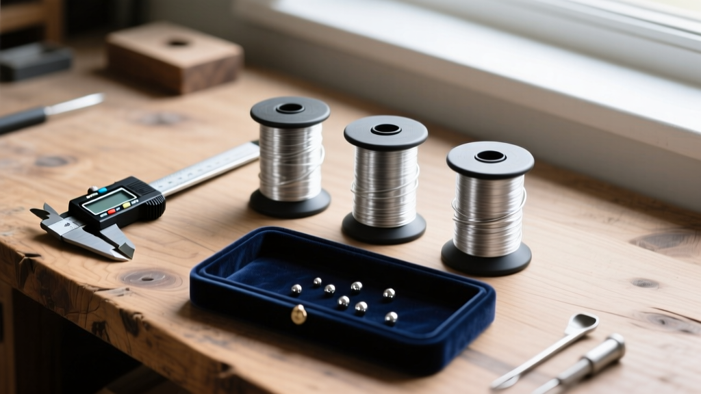 Wooden workbench displaying 20-gauge Argentium silver wire spools, digital calipers, and a dark velvet jewelry display tray.