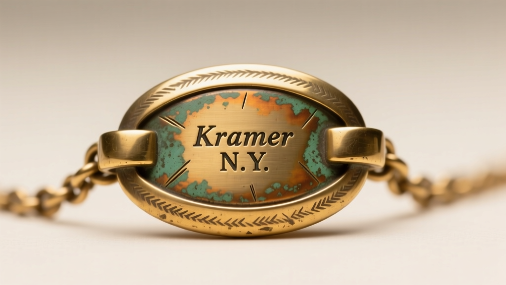Macro photography of a vintage necklace clasp showing the stamped Kramer N.Y. hallmark with slight patina on the brass setting.