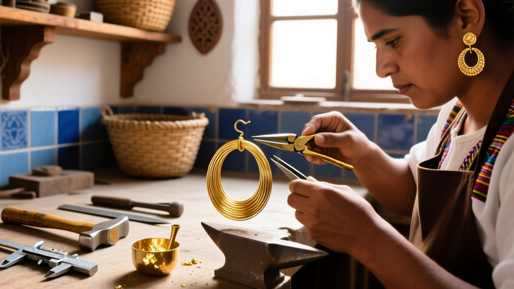 Artisan crafting traditional Mexican gold arracada hoop earrings at a workbench in Guadalajara, showing tools and raw gold wire.