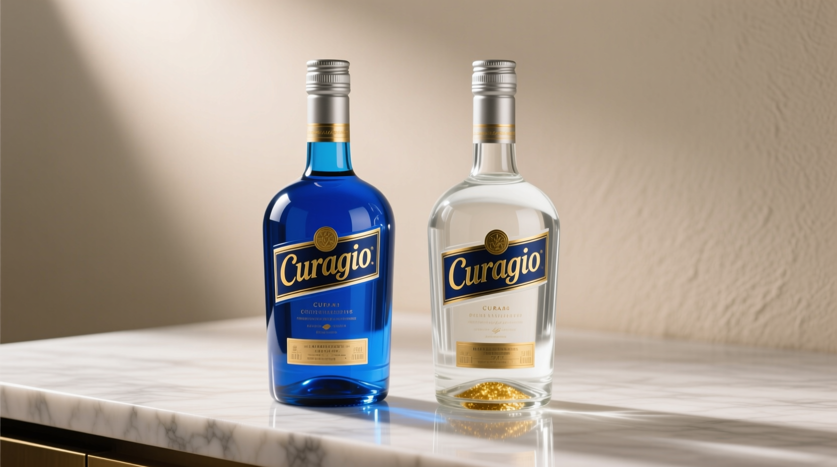 Bottles of blue and clear curacao liqueur side by side