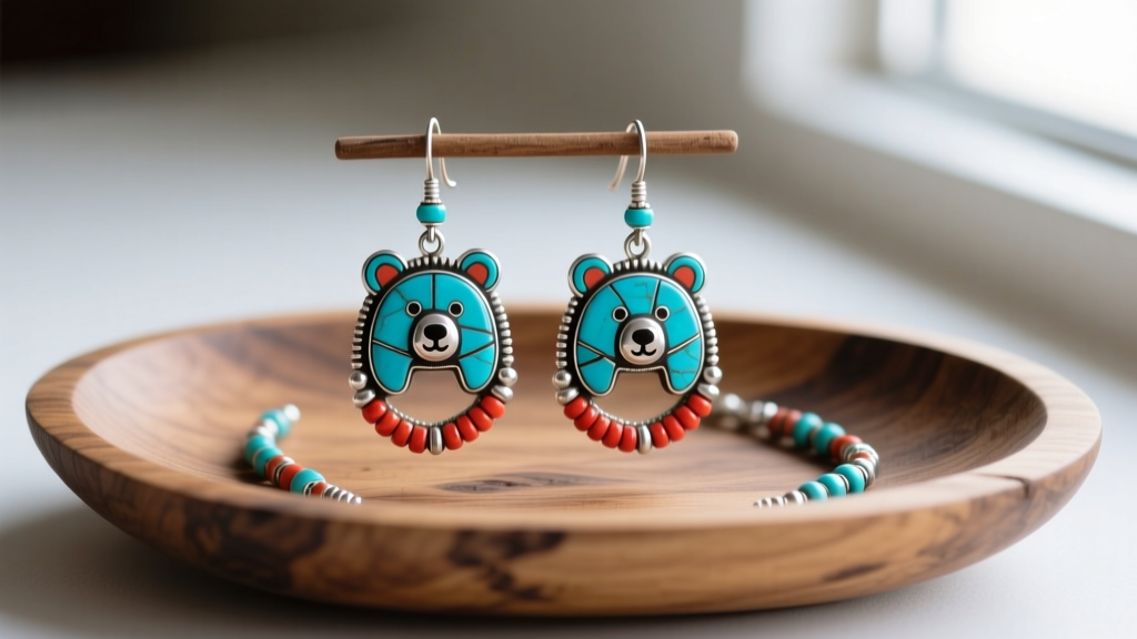 Zuni bear dangle earrings displaying turquoise, coral inlay, and silver heishi details on a rustic wooden jewelry display tray