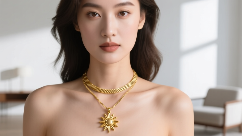 Woman wearing a 14k gold sunburst pendant on a 16-inch cable chain layered with a gold herringbone choker, soft daylight portrait.