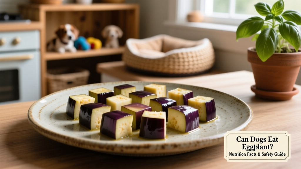 Steamed eggplant cubes arranged neatly on a pet-safe ceramic plate