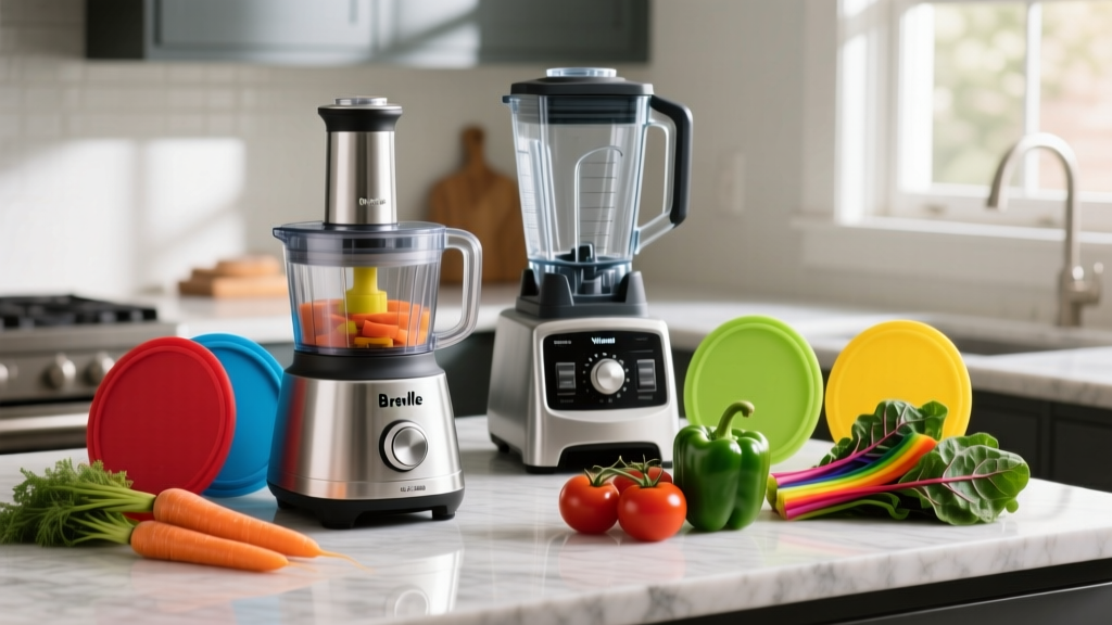 Breville Sous Chef food processor and Vitamix blender on quartz counter with colorful silicone splash covers and fresh vegetables