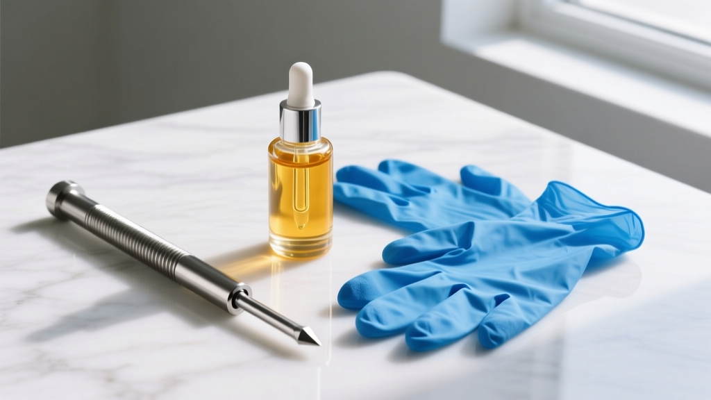 Flat-lay of piercing tools: a steel insertion taper, jojoba oil bottle, and blue nitrile gloves on a clean white marble surface