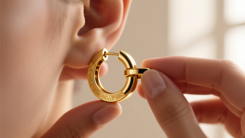 Close-up of hands gently twisting a 14k gold hinged clicker hoop earring open, soft natural lighting, macro jewelry photography.