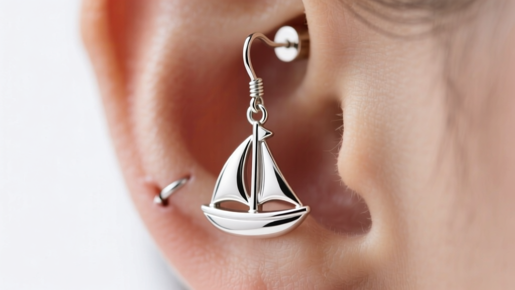 Close-up of sterling silver sailboat dangle earring showing the jump ring bail and secure friction back on a healed earlobe piercing