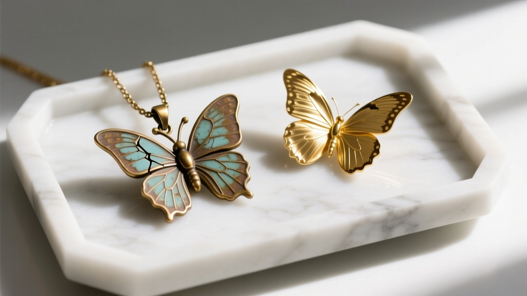 Tarnished brass butterfly pendant with chipped enamel beside a pristine 14k gold butterfly on a white marble jewelry display tray.