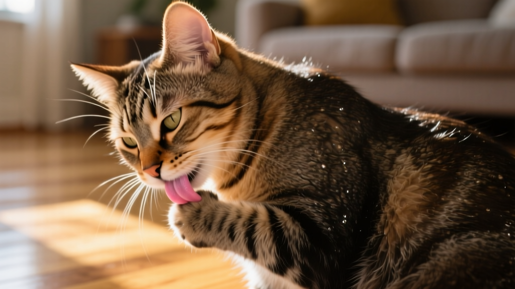 Close-up of a cat grooming its shoulder with its rough tongue
