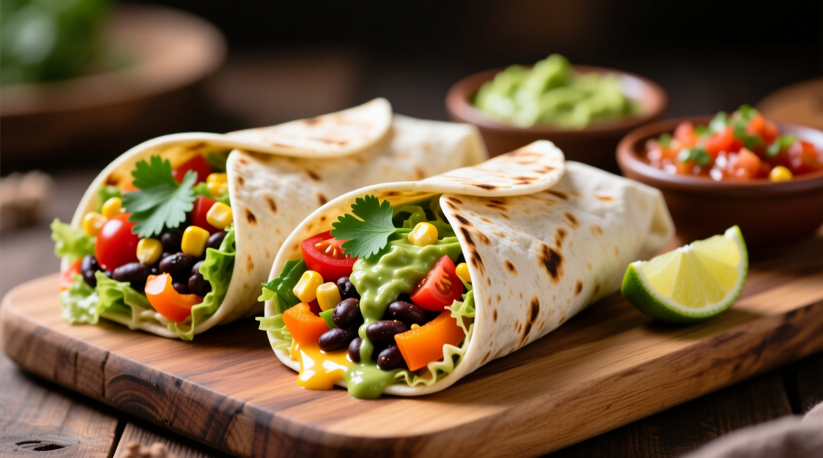 Freshly made burritos with colorful fillings