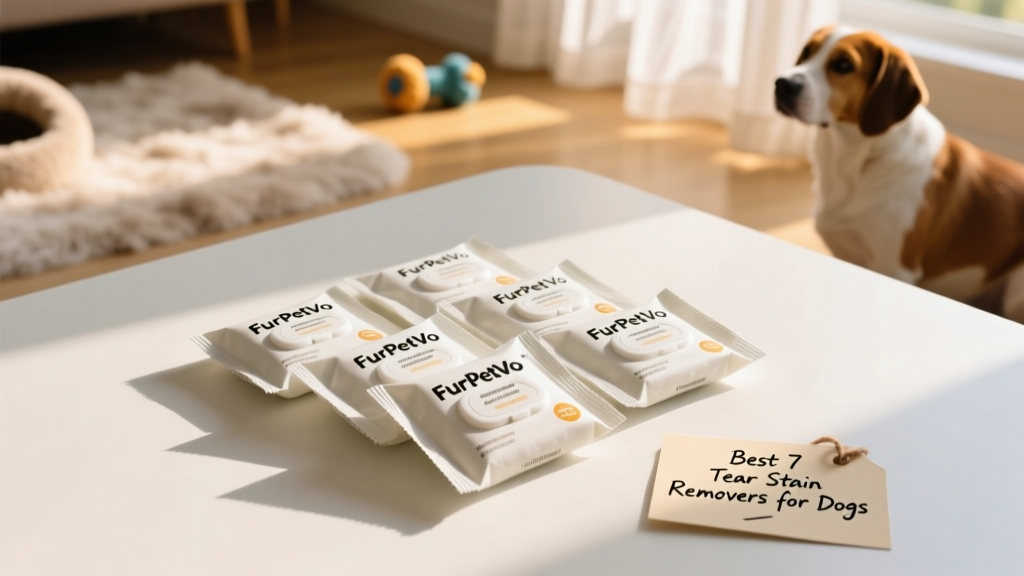 Pack of individually wrapped FurPetVo tear stain wipes laid on a clean white surface