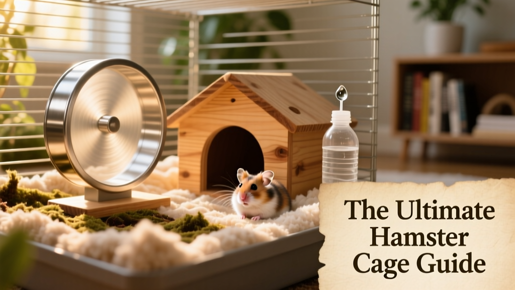 A well-set-up hamster cage with deep bedding, a wooden hideout, an exercise wheel, and a water bottle