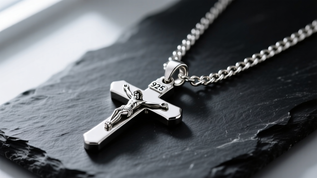 Close-up of a 925 silver upside down crucifix necklace on dark slate, highlighting the inverted bail loop and a thick curb chain