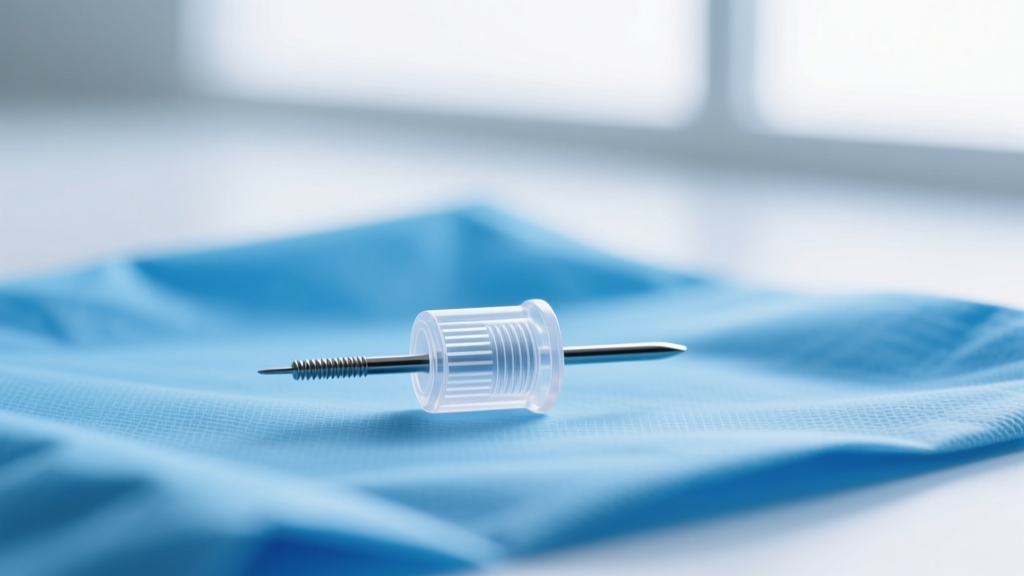 Close-up of a sterile Blomdahl medical plastic piercing stud with a clear safety clutch resting on a clean blue medical drape.
